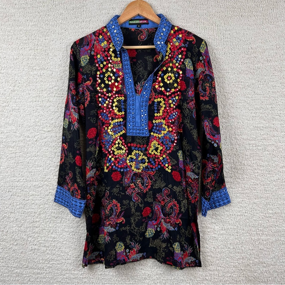 Key Lime & Pink‎ Top Womens M Black Paisley Embroidered Bohemian Split Hem Tunic